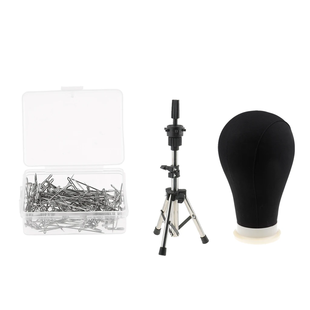 22in Professional Cork Canvas Block Mannequin Head For Wigs With Stainless Steel Adjustable Tripod Stand and 100pcs 3.5cm Pins