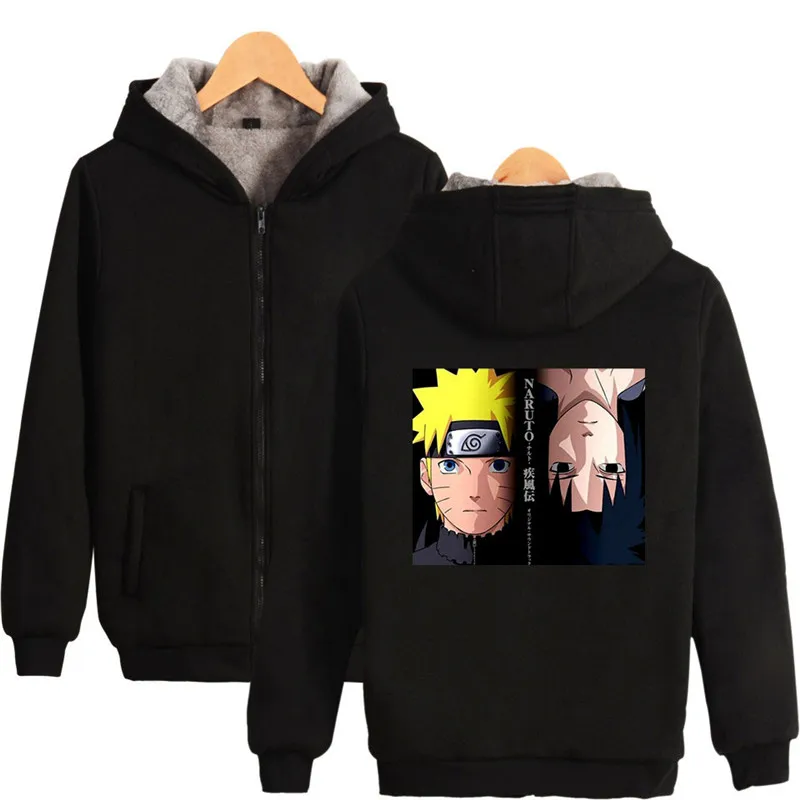 Аниме Наруто зимние толстовки Флисовая теплая куртка плотное пальто Uchiha Hatake Uzumaki клановый значок толстовка с капюшоном одежда унисекс - Color: black3