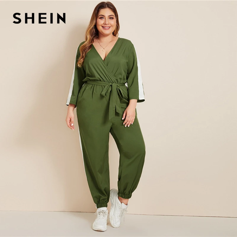 SHEIN плюс размер цветной блок Surplice передний комбинезон с поясом женский весенне-осенний Повседневный v-образный вырез длинный рукав спортивные длинные Комбинезоны