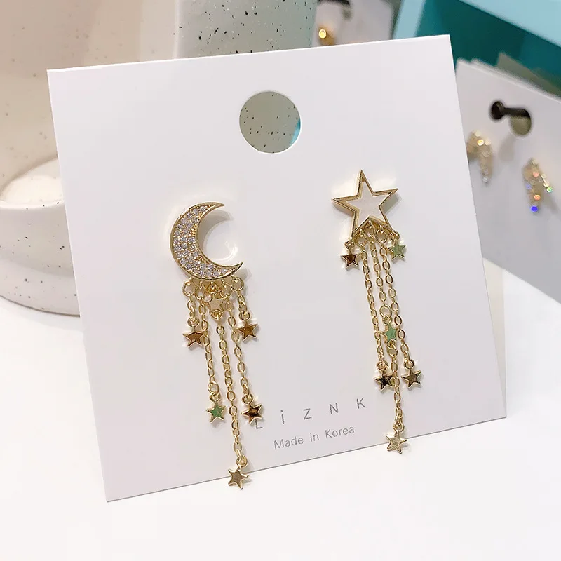 

New fashion S925 Silver Needle Five-Pointed Star Moon Tassel Asymmetrical Pendant Earrings Korean Simple Accessories