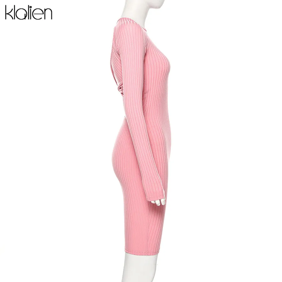 KLALIEN вязание с длинным рукавом bodycon спинки тонкий миди платья женские осень зима вечерние элегантное платье для клуба mujer 2 способа носить