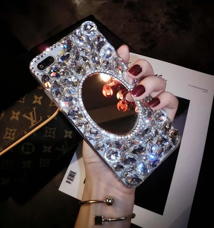 Bling Rhinestone Mobile Phone Case with Mirror iPhone 15 Pro Max 12 11Pro Max 8 7 X XS Beautiful Girl Gift