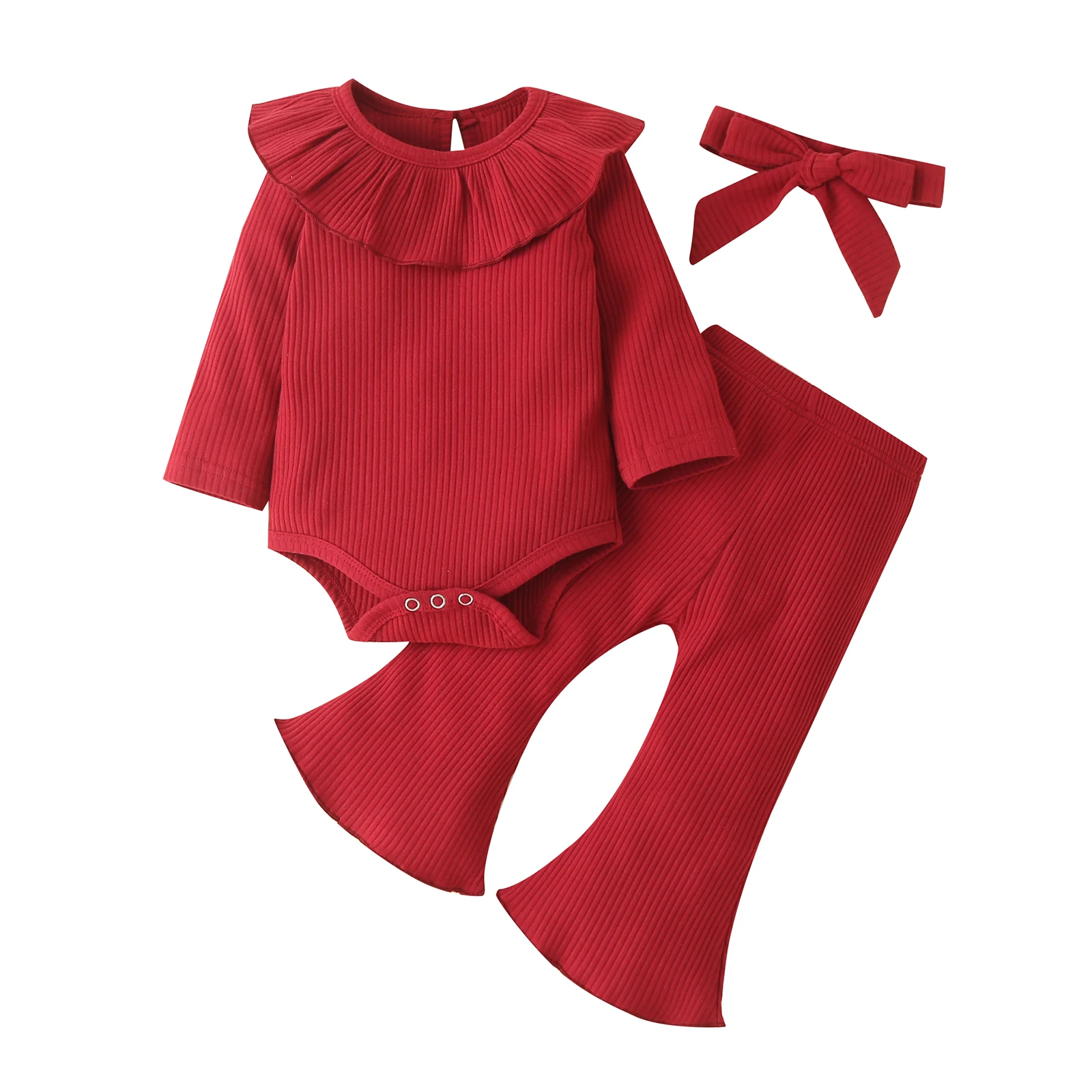 Infant Baby Girls Three-piece Clothes Set, Solid Color Romper, Flared Pants and Headdress, Red/ Pink/ Beige baby dress and set Baby Clothing Set