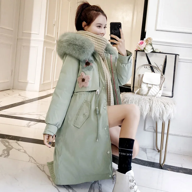 

Large Size Women Coat Fat Mm 200 18 Winter Korean-style Plus-sized Mid-length Embroidery Large Fur Collar Slimming Cotton Coat