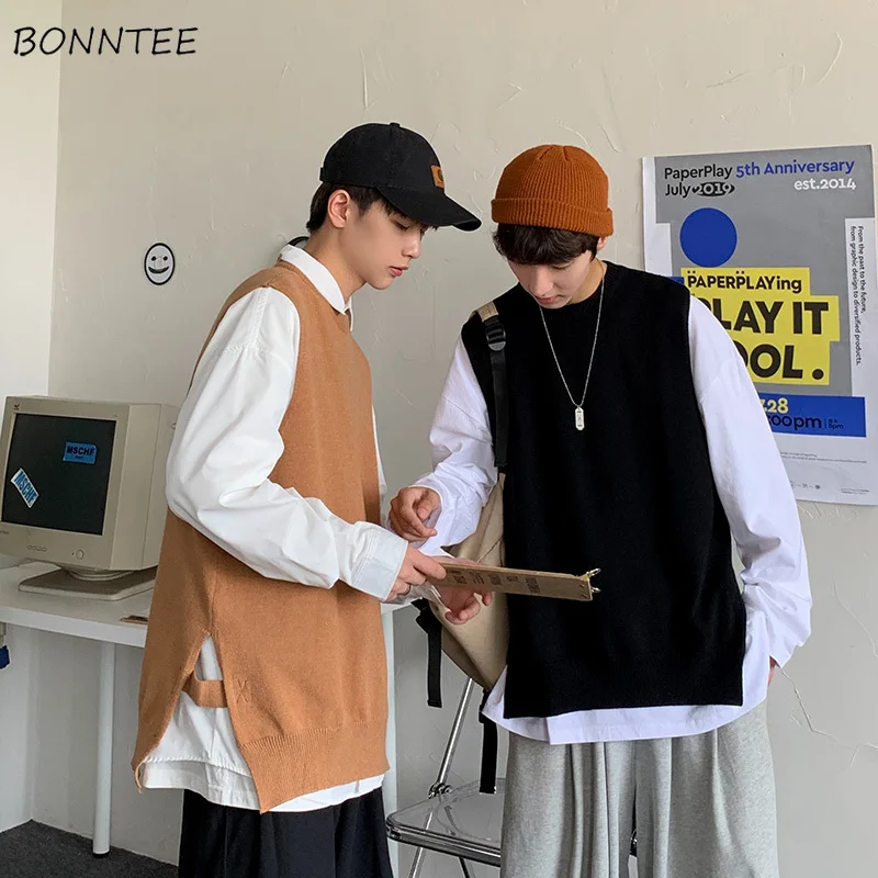 Autumn Sweater Vest Men Oversized Loose Knitted Waistcoat Student Korean Preppy Style Casual Side-split Solid Sleeveless Jumpers