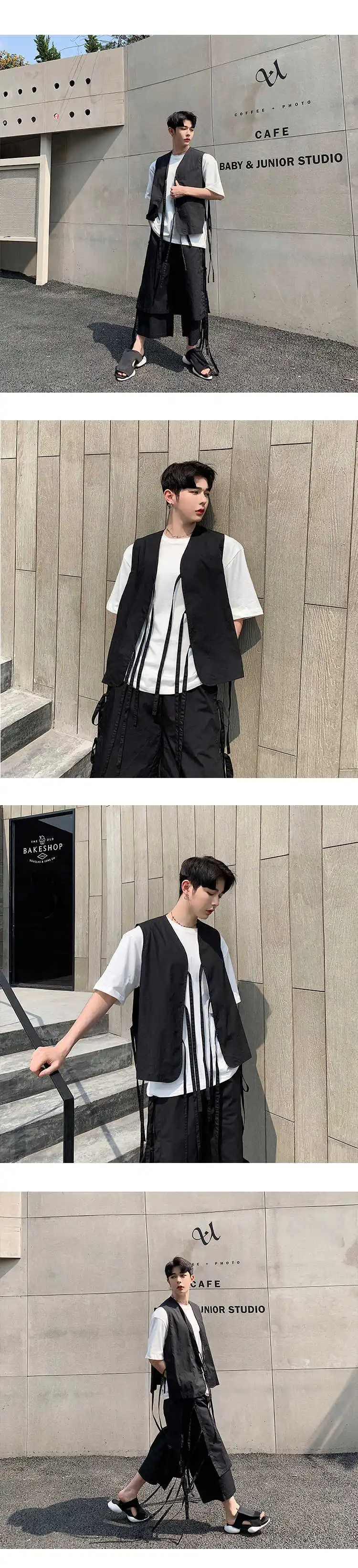 Летняя уличная панк Готическая куртка без рукавов модный показ Повседневный жилет мужской японский стиль лента Свободный жилет пальто мужской