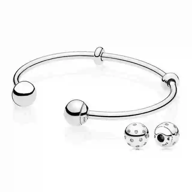 

Keris Shop 100% 925 Sterling silver MOMENTS Open Bangle & End Caps Gift Set Clear CZ fit DIY charm Bracelets jewelry Set