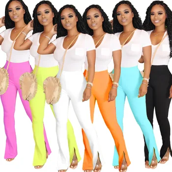 

Summer New Fashion Women's Sexy Retro Solid Color Slim Skinny Split Micro Horn Sports Pants Women's Streetwear