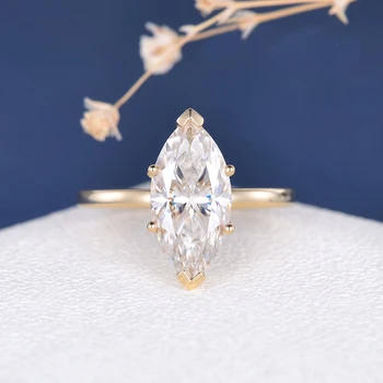 CxsJeremy Solitaire 14K Yellow Gold 3ct Marquise Cut 7*14 Moissanite Engagement Ring Simple Minimalist Stackable Ring