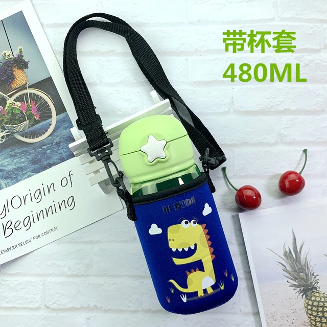 Детская бутылка для воды чайник мультфильм милый напиток пластиковая Спортивная бутылка с соломинкой портативная детская чашка - Цвет: green with cover