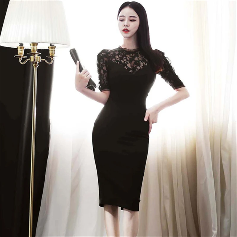 Casual Long Patchwork Lace Bodycon Dress Korean Style 2020 Autumn New ...