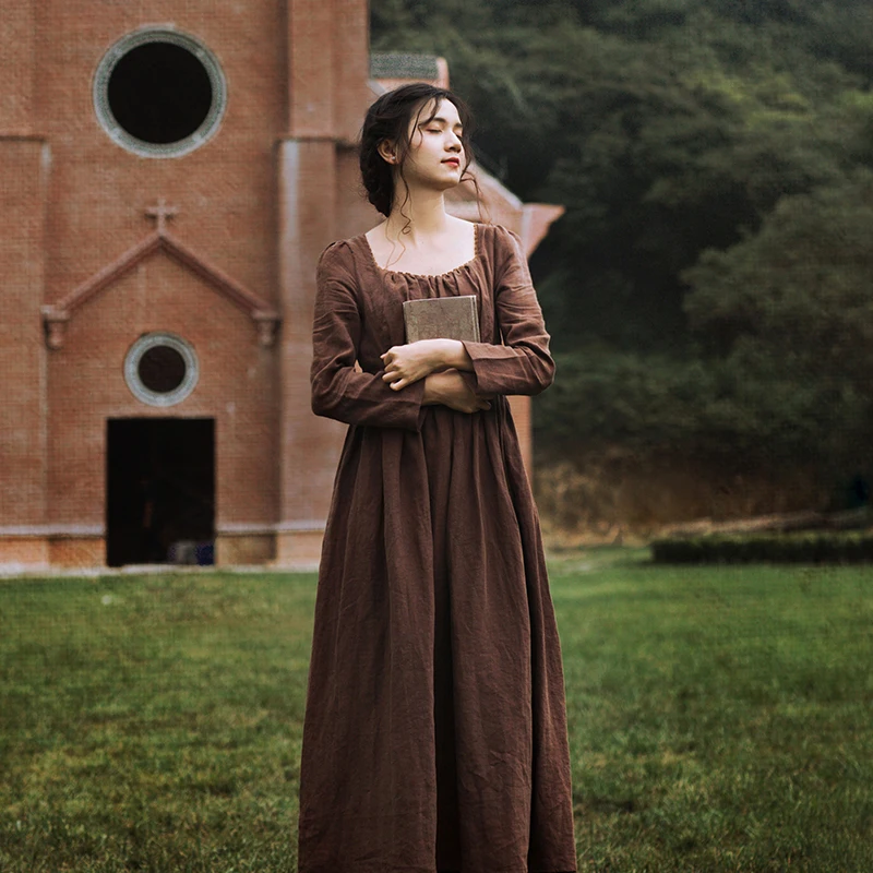 Spring Autumn Women 100%Linen Coffee Long Dress