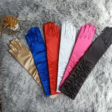 15 Inches Satin Pleats Long Woman Finger Gloves for Wedding  Elbow Elegant Marriage Accessories for Bridal Party