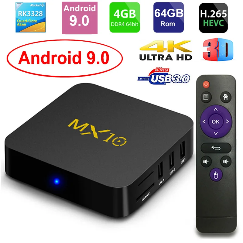 MX10 Smart TV BOX Android 9.0 Rockchip RK3328 DDR4 4GB Ram 64GB Rom IPTV Smart Set-top Box 4K USB 3.0 HDR H.265 Media Player Box