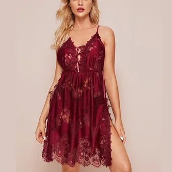 

Plus Size Sexy Lingerie Women Eyelash Lace Split Sleepwear Nightgowns Summer Camisole V Neck Backless Sexy Sleepshirts Nightwear