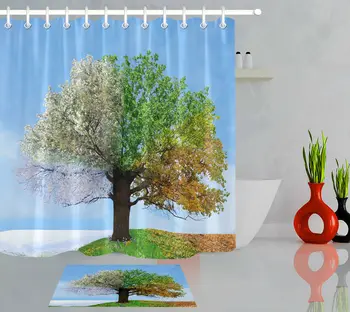 

Abstract Four Season Tree Fabric Shower Curtain Set Bathroom Decor w/12 Hooks