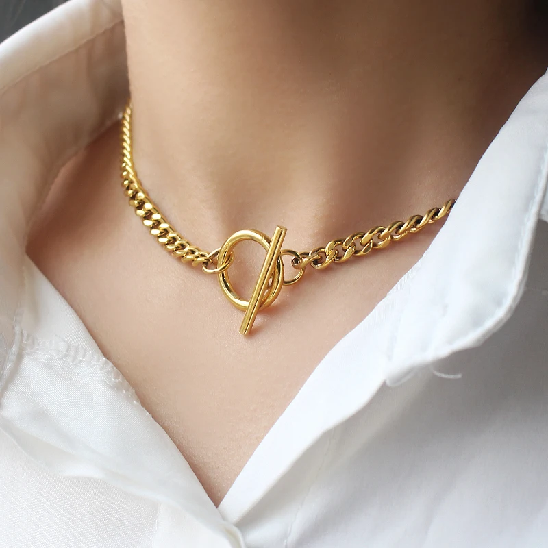 Long T Bar Choker Necklace For Women Men Cuban Chain Gold