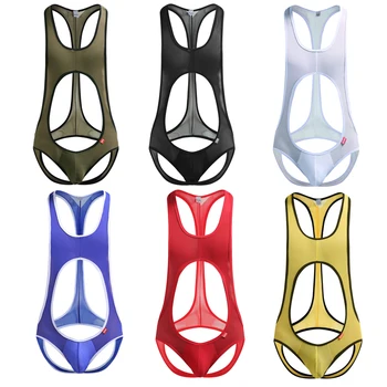 

Sexy Jumpsuit Men's Transparent Underwear Wrestling Singlet Bodysuits Male Exposed Hip Hanging Neck Jumpsuits Man Undershirt