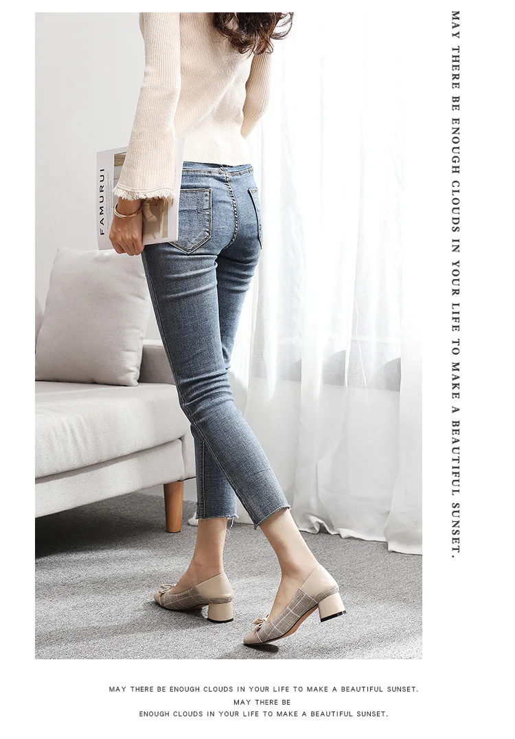 Classic Houndstooth Square High Heels Shoes Woman Women Slip Ons Square Toe Bowtie Elegant Casual Wedding Office Lady Shoes