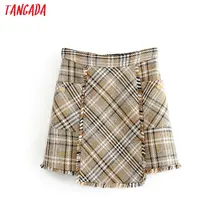 Tangada Мода Женская клетчатая Зимняя юбка с кисточками и карманами на молнии Ретро повседневные женские мини юбки faldas mujer 6A168