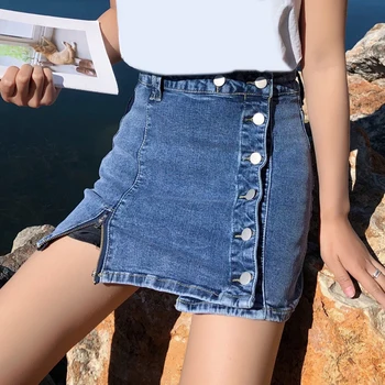 

High Waist Women's Mini Skirt Black Blue Saias Summer Denim Skirt Women Spring Summer Zipper New Side Buttons Jeans A Line Skirt