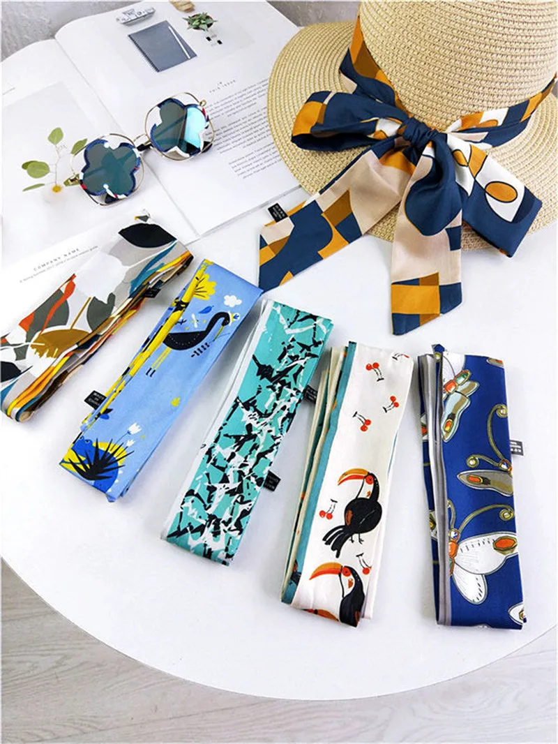 

5X155cm Kreaon fashion printed small long Imitation silk scarf for ladies spring autumn Joker scarf bag ribbon belt headband