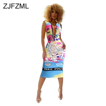 

Cartoon Character Letter Print T Shirt Dress Women Cross Lace Up High Waist Sheath Dress Summer Female Sleeveless Party Dresses