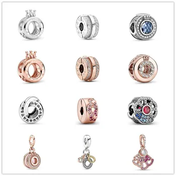 

925 Sterling Silver China Exclusive Rose Pink Fan Pattern Spacer Clip Bead Fit Women Pandora Bracelet & Necklace Jewelry