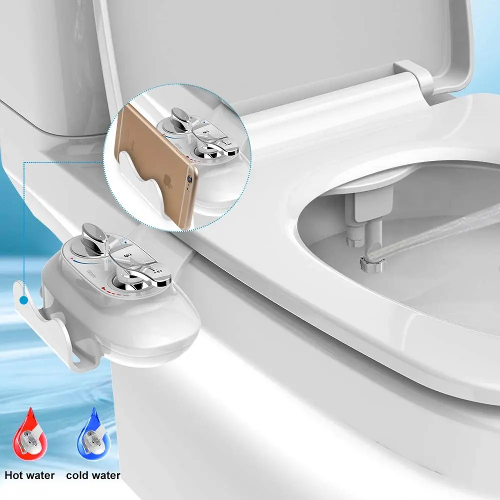 Atalawa Ultra Thin Non-Electric Mobile Phone Holder Hot and Cold Bidet Toilet Seat Attachment w/ Dual Self Cleaning Nozzle Spray