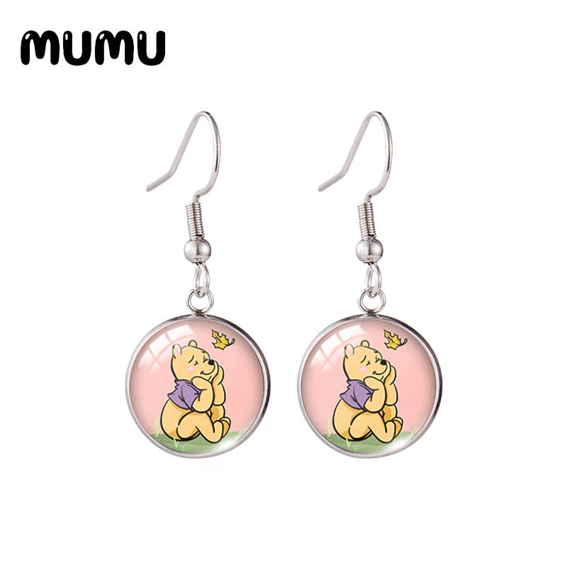 Pendientes de anzuelo de Winnie the Pooh para niña, aretes de cúpula vidrio para joyería, regalos, novedad de 2021|Pendientes con forma de gota| -