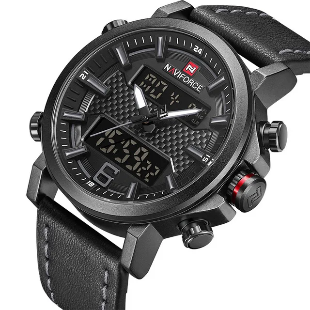black gray Relogio Masculino NAVIFORCE мужские спортивные часы модные роскошные Брендовые мужские кварцевые цифровые кожаные водонепроницаемые военные наручные часы - Цвет: black gray