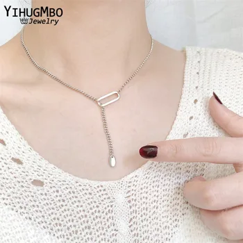 

YIHUGMBO Simple Design 925 Silver Pendant Necklace for Women Girls Link Chain Wedding Korean Fine Jewelry Statement Necklace New