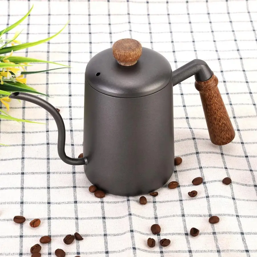 600ml Stainless Steel Teapots Retro Hand Coffee Water Tea Narrow Mouth Pot with Wooden Handle Kitchen Gadgets