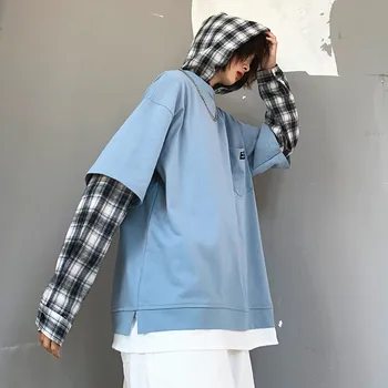 

Lychee Girls Plaid Patchwork Women Hooded Sweatshirt Loose Autumn Lady Pullovers Sweatshirts Fake 2 Pieces Female Hoodies Tops