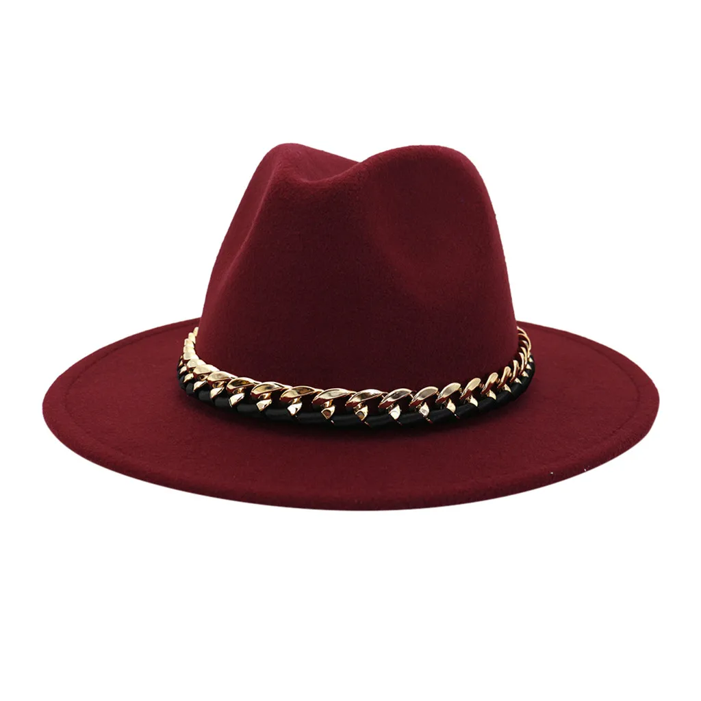 Vintage Wide Hat Men Women Outbacks Hats Metal ring chain decoration Hats Woolen hat with flat brim Solid Color Fashion Hats