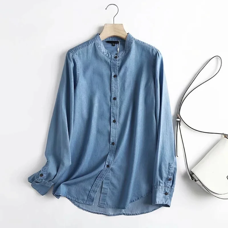 Dave&Di  Style High Street Vintage Stand Collar Denim Blouse Women Blusas Mujer De Moda 2022 Enlgand shirt Women Blouse And Tops