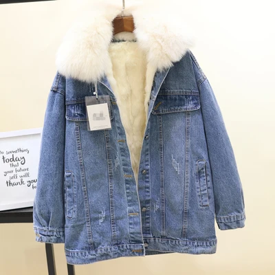 Apricot fur collar Винтажная осенне-зимняя джинсовая куртка для женщин, воротник из лисьего меха, модная съемная подкладка из кроличьей шерсти, джинсовое хлопковое пальто, свободное теплое пальто - Цвет: Apricot fur collar
