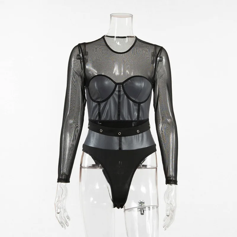 NCLAGEN Ladies Sexy Transparent Mesh PU Patchwork Long Sleeve Party Bodysuits Striped Eyelet Clubwear Active Bodycon