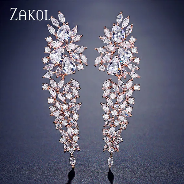 Роскошные Длинные серьги подвески ZAKOL с фианитом в форме маркиза свадебные