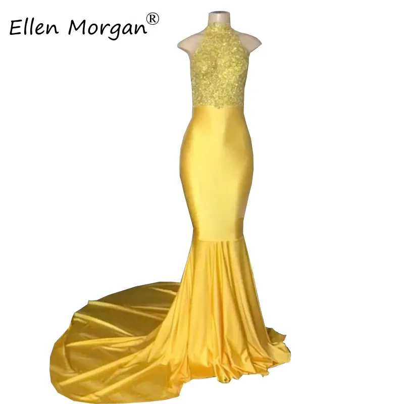 

Yellow Mermaid Prom Dresses For African Black Girls 2020 Vestido De Festa Lace Appliques Beaded Halter Court Train Party Gowns