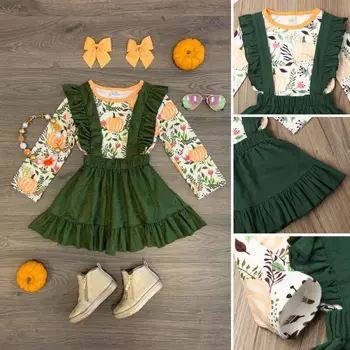 

Kids Baby Girls Dress Clothes Long Sleeve Floral Printed Halloween Tops T-shirt+ Ruffles Strap Skirt Outfits Set