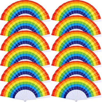 

12 Pieces Rainbow Fans Rainbow Folding Fans Colorful Hand Held Fan Summer Accessory For Rainbow Party Decoration (Horizontal Str