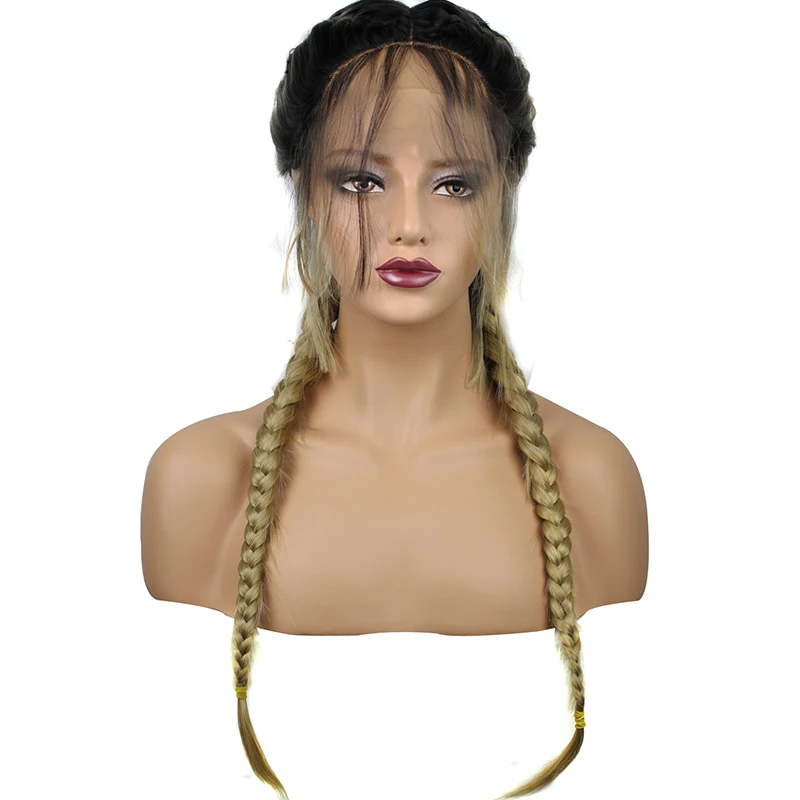 Ebingoo Pre Plucked Long Double Braids Black Brown Dark Roots Ombre Blonde Synthetic Braided Lace Front Wig With Baby Hair