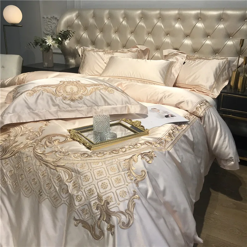 Luxury Super Soft Damask Sateen Egyptian Cotton Champagne Bedding Set 4Pieces Premium Chic Embroidery Duvet Cover Bed Sheet set 4