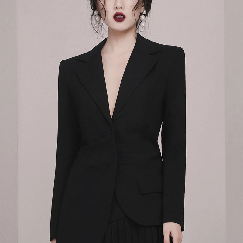 Max Spri Lapel Collar Irregular Coat Pleated Mini Skirt Two-Piece Suit New V Neck Long Sleeve Women Office Fashion Wearing