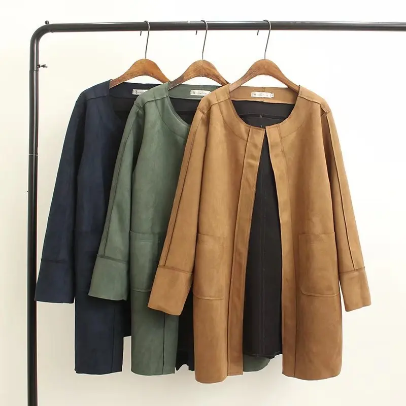 

Autumn Spring Long Faux Leather Suede Jacket Women Plus Size Fall Ladies Korean Green Blue Khaki Large Size Faux Suede Coat