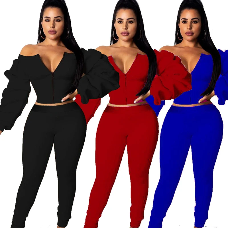 

Women's 2020 Autumn Street Wear One-Shoulder Two-Piece Suit Woman's Sexy Costume