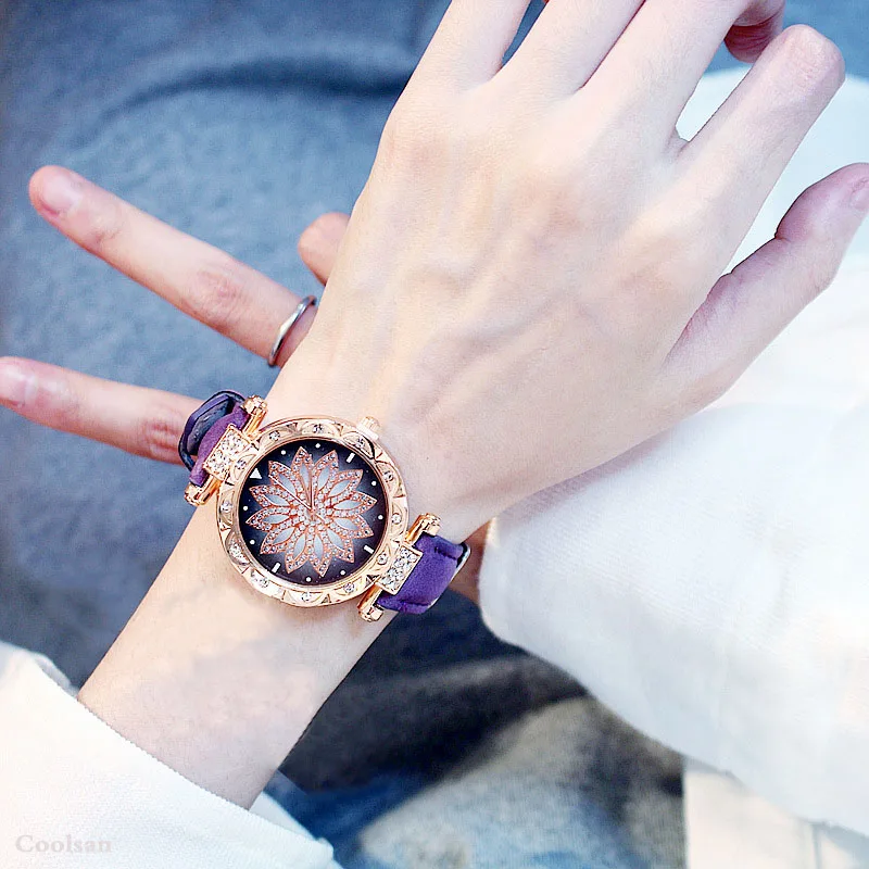 Purple Новинка, женские часы, браслет, набор, звездное небо, женские часы-браслет, повседневные, кожа, кварцевые наручные часы, часы, подарок, Relogio Feminino - Цвет: Purple