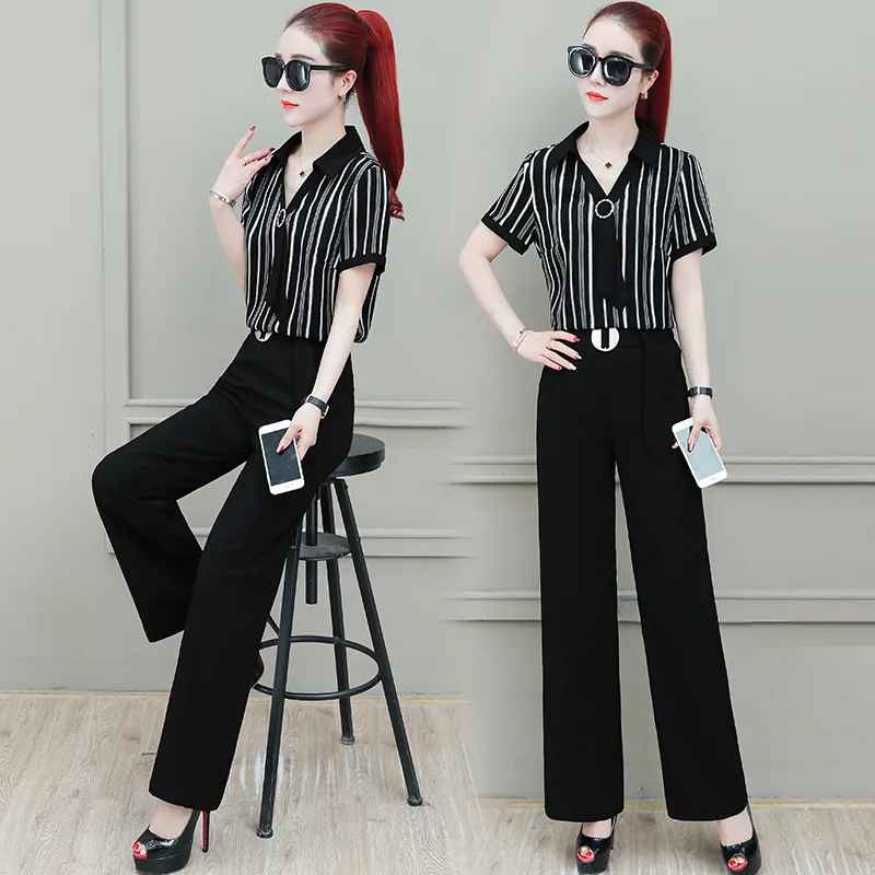 

2019 New Style Loose Pants WOMEN'S Suit Summer Korean-style Stripes Shirt Drape High-waisted Slimming Casual Trousers Two-Piece
