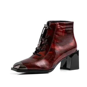 

Genuine Leather metal Square Toe Women's ankle Boots print Thick high Heels boots Working Night Club Shoes Woman
